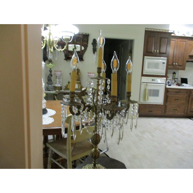 Art Nouveau 1930s Huge Heave Antique Fancy Brass Art Nouveau Lamp Crystal Prisms , Crystal Chain 6 Lights Adorned With Angel Wings For Sale - Image 3 of 13