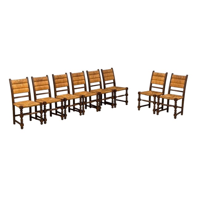 Charles Dudouyt Style, Eight Rustic Dining Chairs, Oak, Rush, France, 1940s For Sale