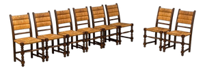 Charles Dudouyt Style, Eight Rustic Dining Chairs, Oak, Rush, France, 1940s