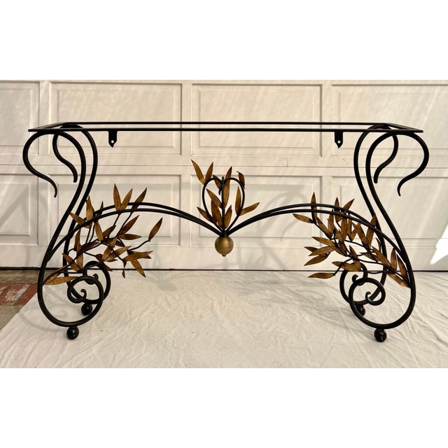 1960s Italian Style Wrought Iron & Gilt Leaf Glass Console Table For Sale - Image 14 of 15