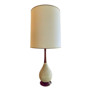 1960s Mid Century Teak and Ceramic Table Lamp With Original Shade For Sale