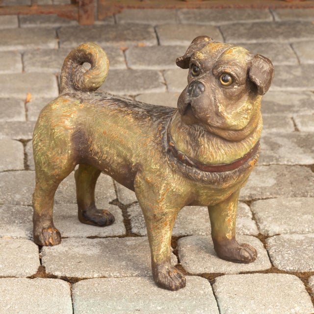 Glass Vintage English Standing Pug Composition Sculpture with Glass Eyes and Collar For Sale - Image 7 of 12
