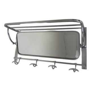 Art Deco Wall Coat Rack with Adjustable Faceted Mirror in Chrome Frame, 1930s For Sale
