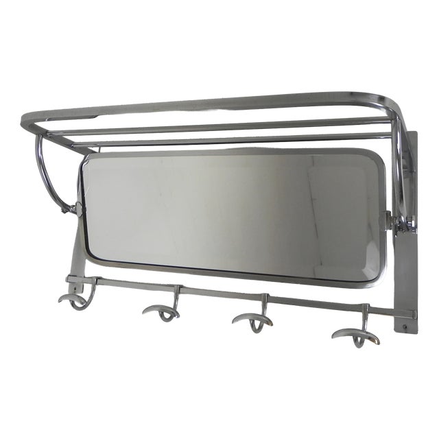 Art Deco Wall Coat Rack with Adjustable Faceted Mirror in Chrome Frame, 1930s For Sale