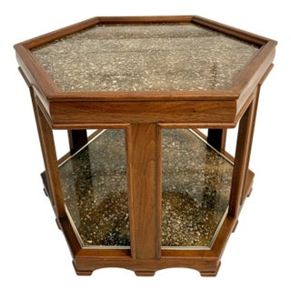 1970s John Keal for Brown Saltman Two-Tier Hexagonal Side Table With Stone Inset For Sale