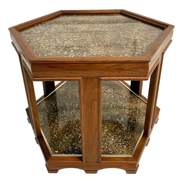 1970s John Keal for Brown Saltman Two-Tier Hexagonal Side Table With Stone Inset For Sale