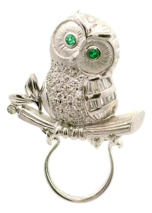 Diamond Emerald 18k White Gold Owl Brooch-Pendant