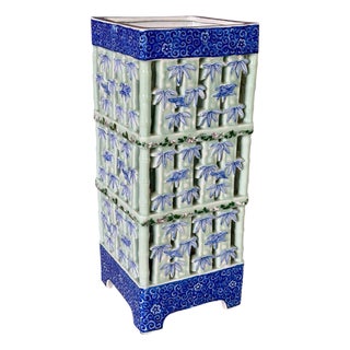 Large Pierced Celadon Faux Bamboo Ceramic Umbrella Stand or Jardinière For Sale