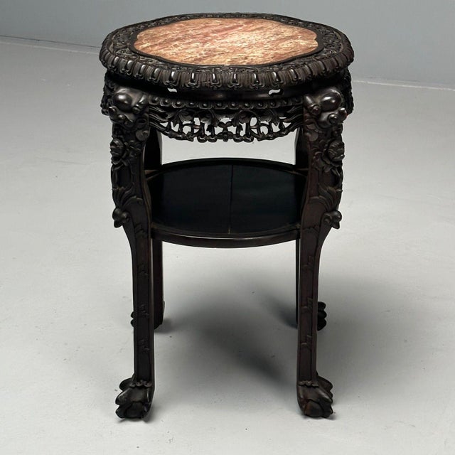 Chinese Heavily Carved, Occasional Tables or Pedestals, Teak, Marble, 1920s For Sale In New York - Image 6 of 12