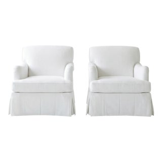 English Roll Arm Club Chairs in White With Pleated Skirt For Sale