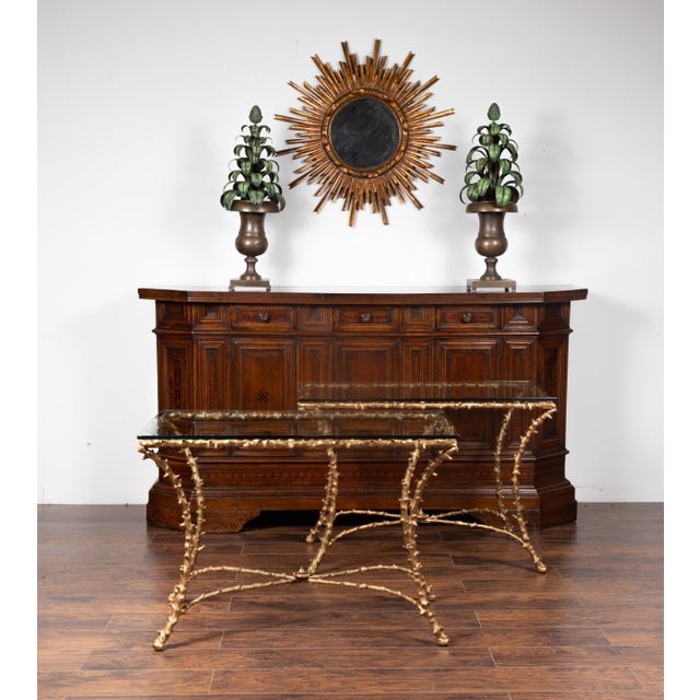 Mid 20th Century Pair of Midcentury Gilt Bronze Glass Tops Console Tables with Faux Bois Motifs For Sale - Image 5 of 12