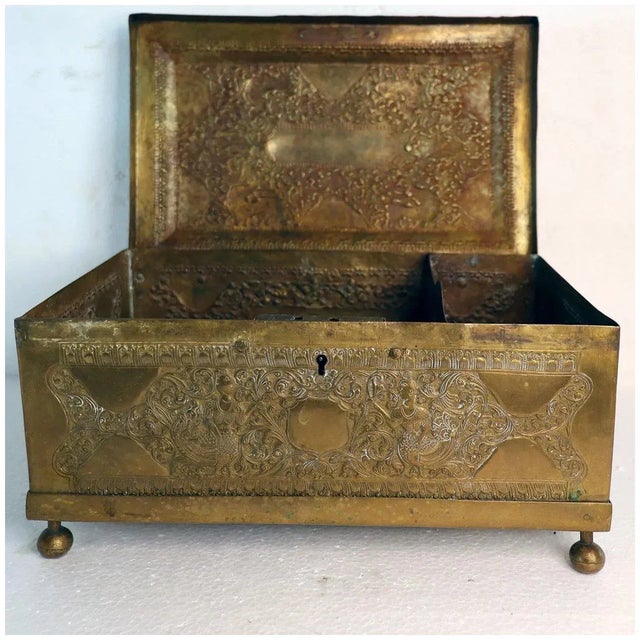 Late 19th Century Anglo Indian Chased Brass Casket Desk Box For Sale - Image 5 of 12