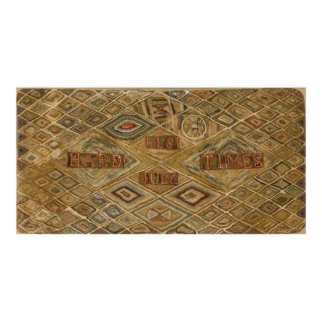 1870s Brown Geometric Folk Art Antique American Hooked Rug 3'1" X 6'1" Inscription Wool Carpet For Sale