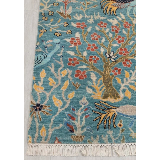 Blue Peacock Birds Garden Scene Soft Hand Knotted Hand Spun Wool Rug 4x6Ft. For Sale - Image 12 of 18