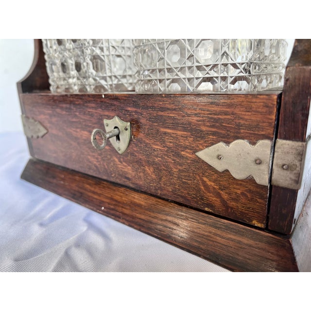 Brown Antique Late 1800s English Oak Two Decanter Tantalus with Key - 4 pcs For Sale - Image 8 of 12