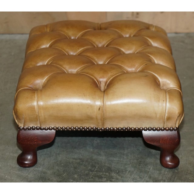 Pair of Vintage Tan Brown Leather Chesterfield Wingback Chairs With Footstools For Sale - Image 17 of 18