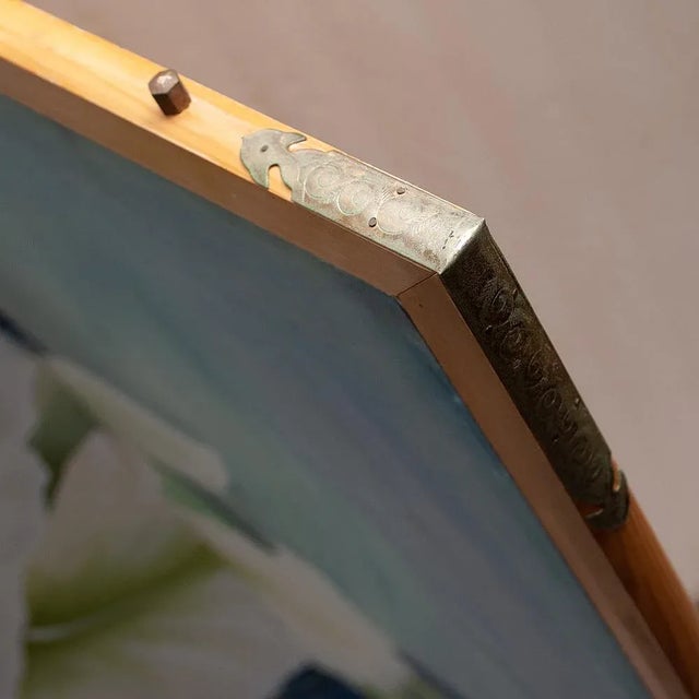 Robin's Egg Blue C. 1960s Vintage Painted Silk Screen With Orchids For Sale - Image 8 of 10