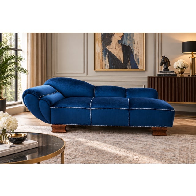 Mid-Century Art Deco Style Blue Chaise Longue, Western Europe, 1950s For Sale - Image 12 of 12