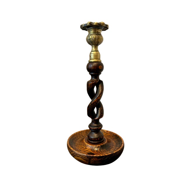 Antique English Oak Barley Twist Candlestick with Brass Bobeche | Victorian–Edwardian Candle Holder | English Country...
