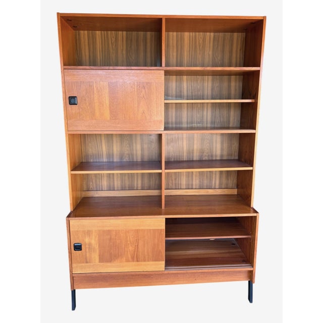1960s Restored 1960s Danish Modern Teak Bookcase – Sliding Doors & Open Display Shelves For Sale - Image 5 of 16