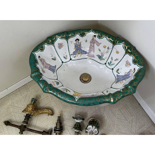 Sherle Wagner Chinoiserie Hand-Painted Basin &Amp; 24k Gold Hardware Suite For Sale - Image 14 of 17