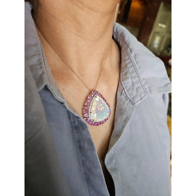 29.59 Carat Ethiopian Opal, Pink Sapphire & Diamond Cocktail Ring/ Pendant Necklace, Size 6 For Sale - Image 12 of 16