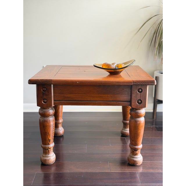 Vintage Rustic Solid Pine Square End Table — Turned Baluster Leg Farmhouse Spanish Colonial Side Table For Sale - Image 10 of 12