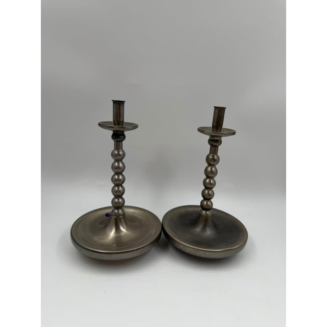 Mid-Century Brushed Chrome Bobbin Candlestick Holders Set Taper by Stoff Nagel, 1950s, Set of 2 For Sale - Image 6 of 15