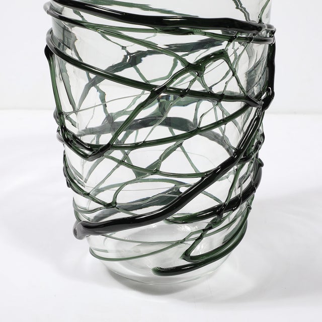 Glass Hand-Blown Murano Glass Vase With Organic Viridian Green Sculptural Striations For Sale - Image 7 of 14