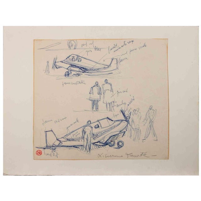 Suzanne Tourte, The Airport, Ink Drawing, 1940s For Sale