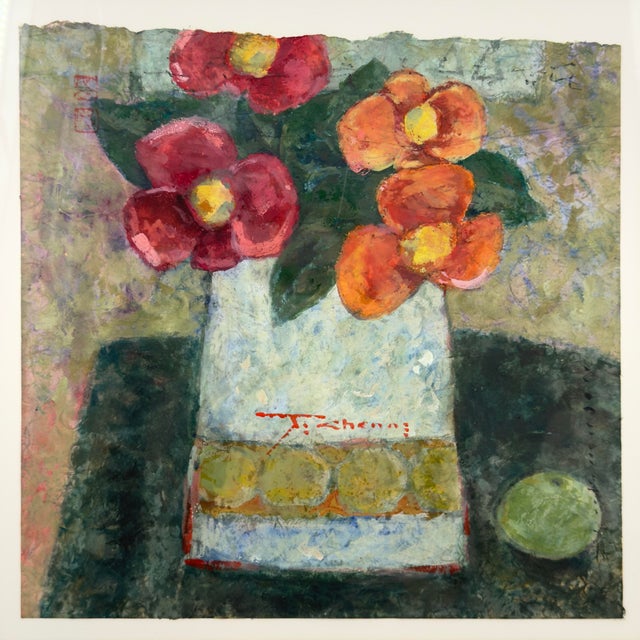 Orange Original John H. Chen Floral Still Life Watercolor Painting on Rice Paper For Sale - Image 8 of 12