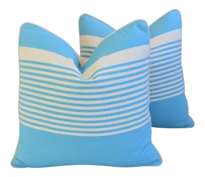 French Blue & White Nautical Striped Feather/Down Pillows 22" Square - Pair