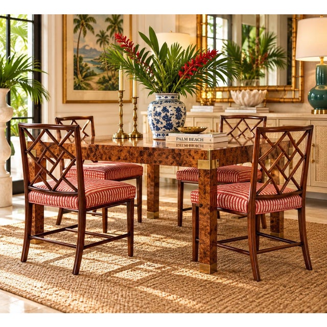 Elegant set of four 1960s English Georgian Chinese Chippendale-style Cockpen dining chairs, featuring beautifully crafted...