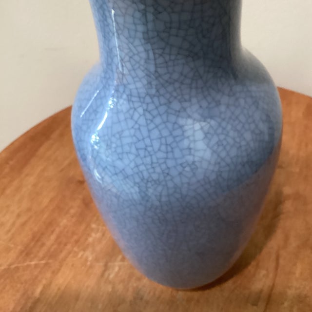 Vintage Chinese Blue Crackle Glaze Porcelain Baluster Vase on Wood Base For Sale In Chicago - Image 6 of 12