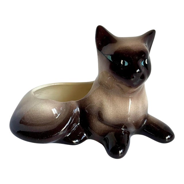 Mid-Century Modern Porcelain Siamese Cat Figurine Planter Catchall For Sale