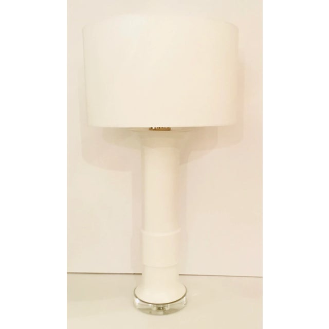 Original Retail $1647, elegant Modern White Marble Low Collar Table Lamp, white fabric shade, acrylic base, showroom floor...
