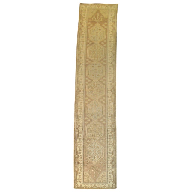 Midcentury Turkish runner. Brown field, with tan border consisting of scenic homes and buildings. Measures: 2'5" x 12'3".