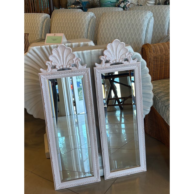Hollywood Regency Vintage Pair Light Pink Lacquered Palm Beach Scalloped Shell Wall Mirrors For Sale - Image 3 of 12