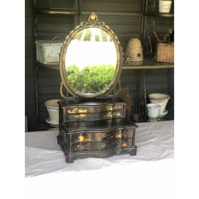 Chinese 19th Century Black Lacquer Toilet Swing Mirror With Chinese Motif Detailed Painting For Sale - Image 3 of 5