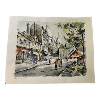 Mid-20th Century Parisian View of Paris Watercolor Print by Artist G. Lelong For Sale