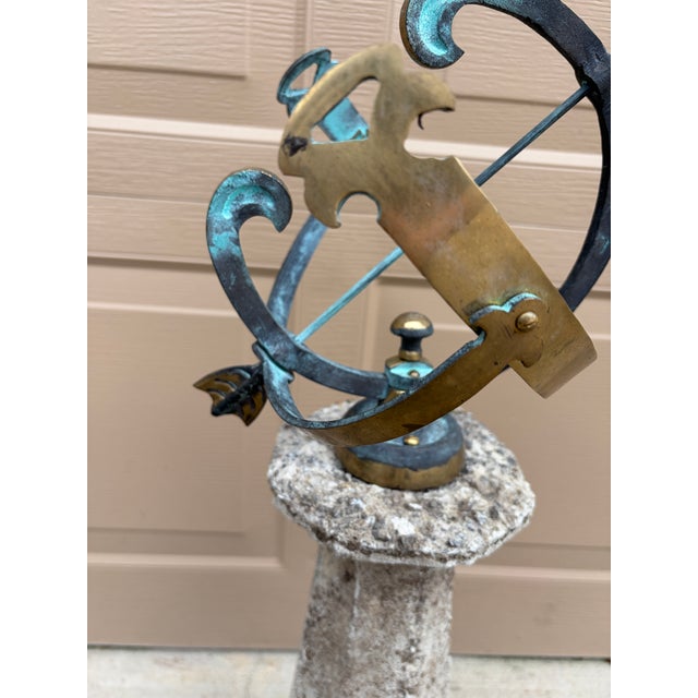 Classical Verdigris Bronze Armillary Sphere on Pedestal – European Garden Accent For Sale - Image 9 of 12