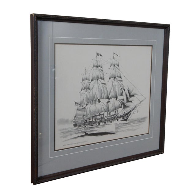 Late 20th century black and white lithograph print depicting “The Whaler Charles W. Morgan” from an engraving by Fowler....