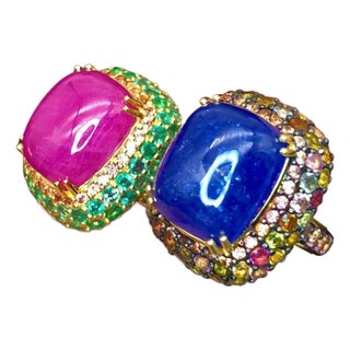 Bochic “Orient” Natural Emerald, Ruby & Sapphire Rings Set, 18K Gold & Silver, 2 pieces For Sale