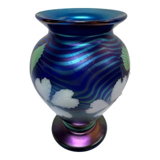 Orient & Flume Floral Blue Art Glass Vase, Signed For Sale