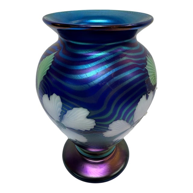 Orient & Flume Floral Blue Art Glass Vase, Signed For Sale