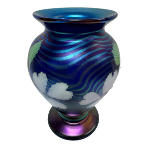 Orient & Flume Floral Blue Art Glass Vase, Signed