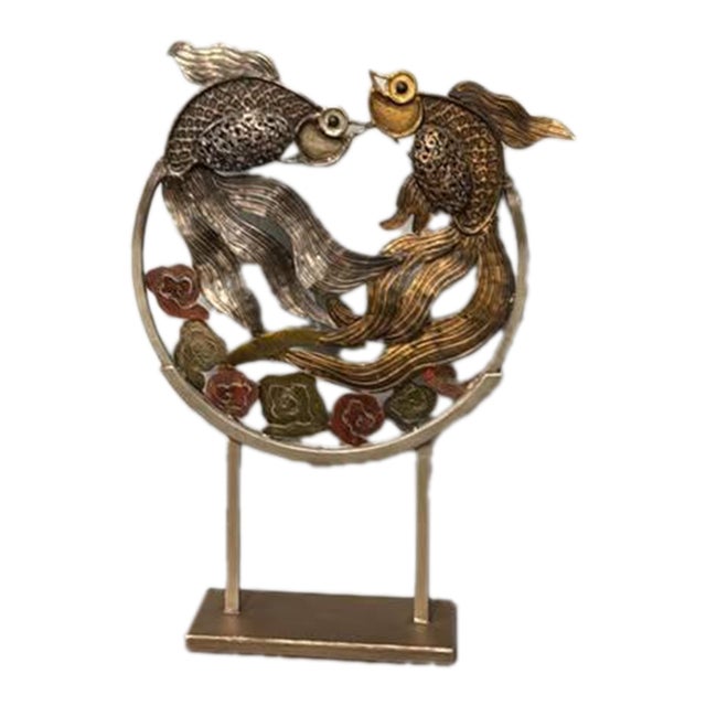 1990s Chinese Metal Sculpture of Two Koi For Sale