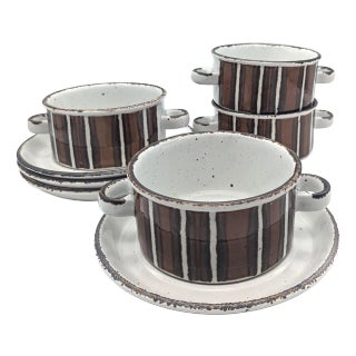 1970s Midwinter Stonhenge "Earth" Cream Soup Bowls and Saucers, Set of 8 Pieces For Sale