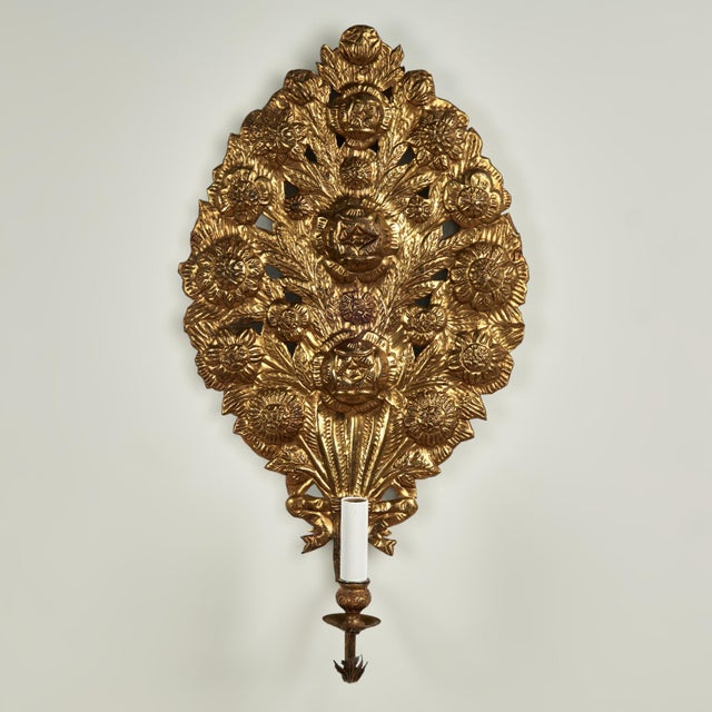 Pair of Antique Italian Brass Floral Wall Sconces For Sale - Image 9 of 15