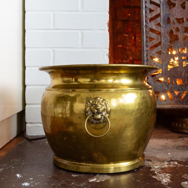 Brass Brass Plated Lions Heads Firewood Holder or Large Planter For Sale - Image 8 of 13